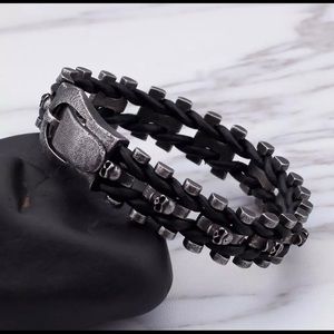braided leather bracelet with skull for men,steel matte black stainless steel